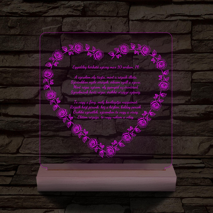 Szív alakú rózsás egyedi idézet fa talp 7 színű 3D led lámpa