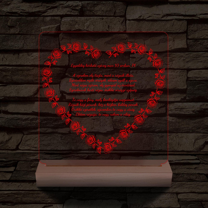 Szív alakú rózsás egyedi idézet fa talp 7 színű 3D led lámpa