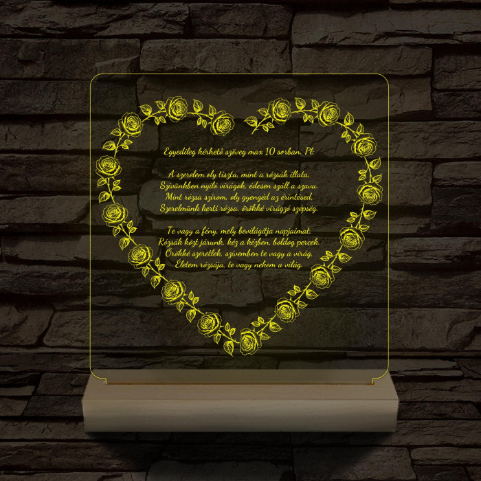 Szív alakú rózsás egyedi idézet fa talp 7 színű 3D led lámpa