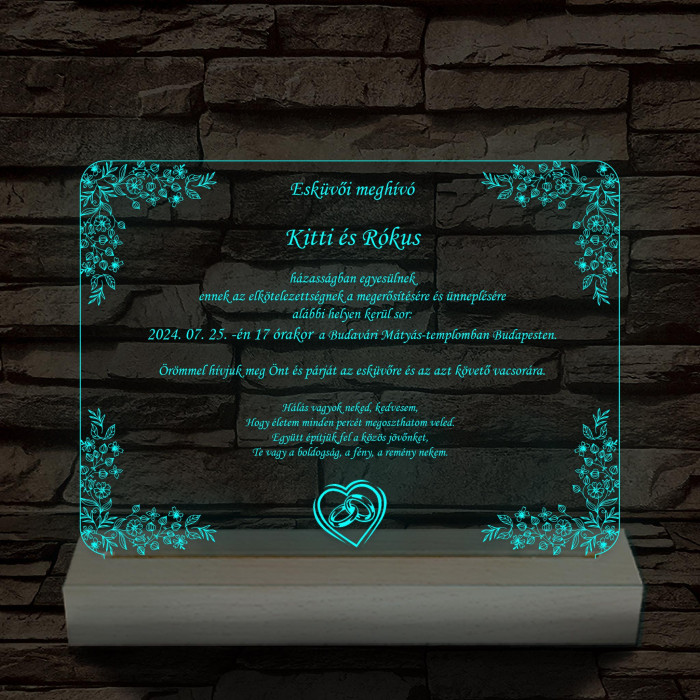 Esküvői meghívó választható dekorációs mintával és szöveggel fatalp 7 színű 3D led lámpa