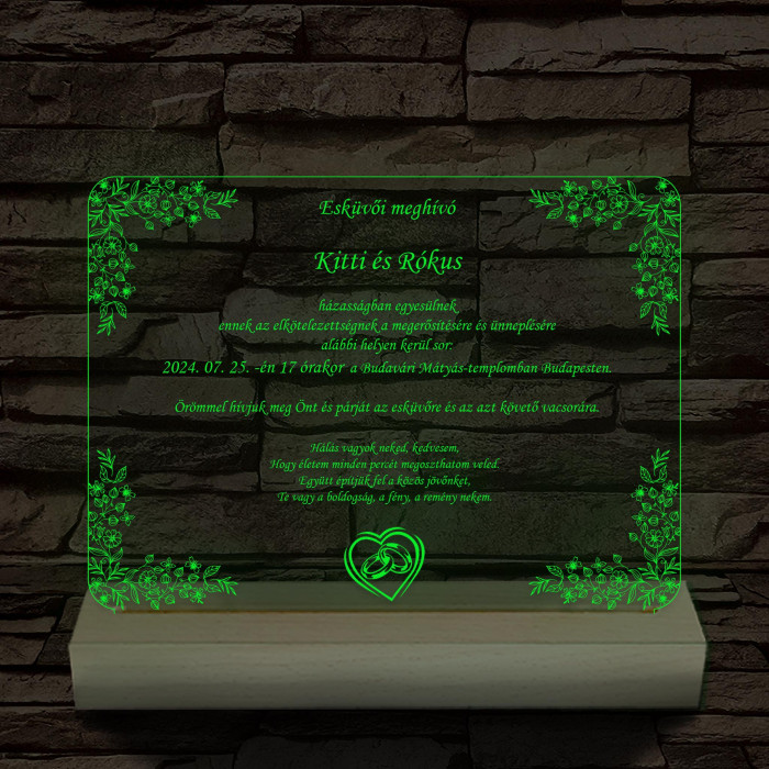 Esküvői meghívó választható dekorációs mintával és szöveggel fatalp 7 színű 3D led lámpa