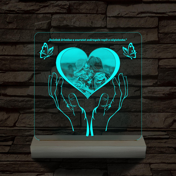 Szívérintés szív-alakú személyre szabott 20 cm fatalppal 7 színű 3D led lámpa