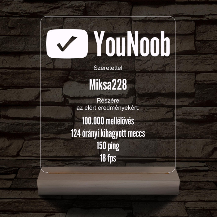 YouNoob emlékplakett személyre szabott fa talppal 7 színű 3D led lámpa