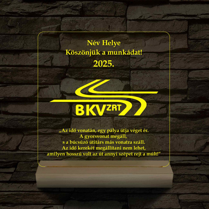 BKV Emléklámpa 3D LED – Egyedi Gravírozás Fa Talppal, 7 Színű Világítással – Tökéletes Ajándék BKV Rajongóknak és Dolgozóknak