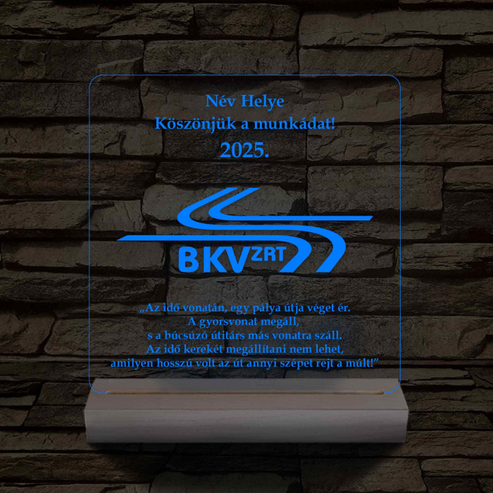 BKV Emléklámpa 3D LED – Egyedi Gravírozás Fa Talppal, 7 Színű Világítással – Tökéletes Ajándék BKV Rajongóknak és Dolgozóknak