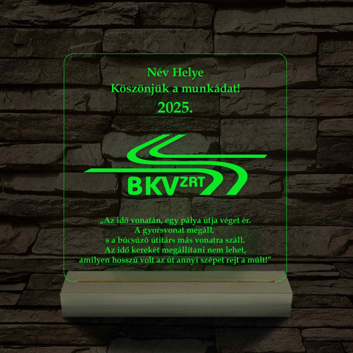 BKV Emléklámpa 3D LED – Egyedi Gravírozás Fa Talppal, 7 Színű Világítással – Tökéletes Ajándék BKV Rajongóknak és Dolgozóknak