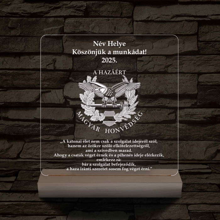 Katonai Emléklámpa – Magyar Honvédség Logóval 3D LED 7 Színű Fa Talppal