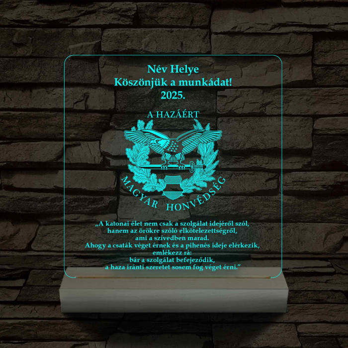 Katonai Emléklámpa – Magyar Honvédség Logóval 3D LED 7 Színű Fa Talppal