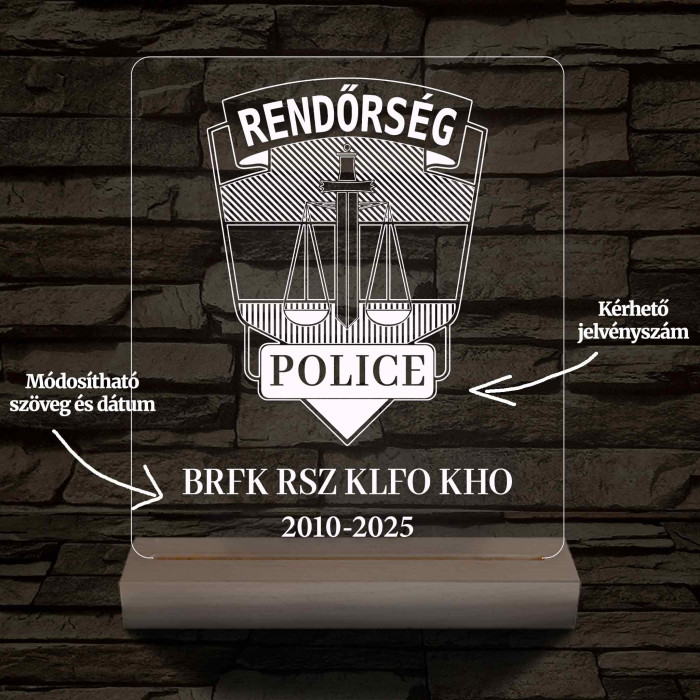 Rendőrségi emléklámpa  3D LED 7 Színűben világító Fatalppal