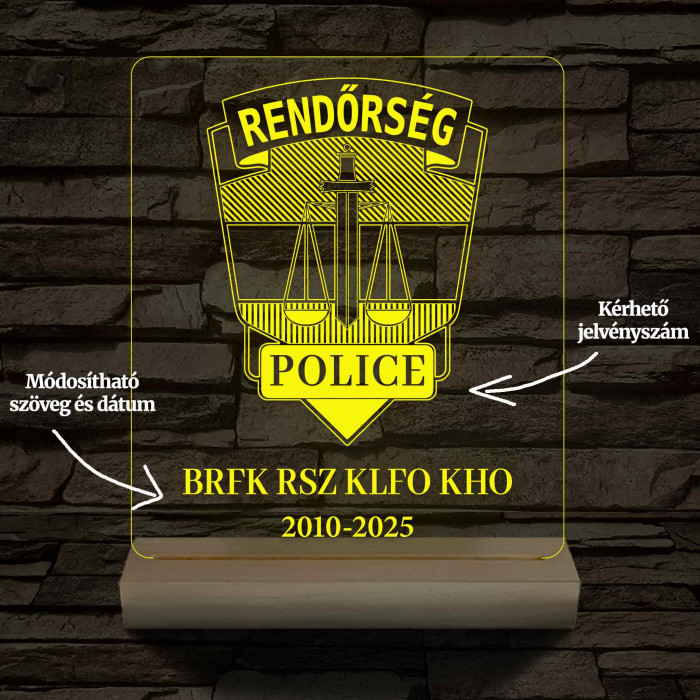 Rendőrségi emléklámpa  3D LED 7 Színűben világító Fatalppal