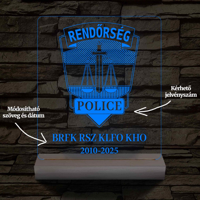 Rendőrségi emléklámpa  3D LED 7 Színűben világító Fatalppal