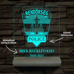 Rendőrségi emléklámpa  3D LED 7 Színűben világító Fatalppal