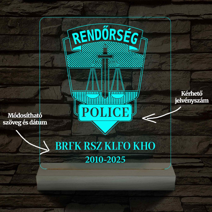Rendőrségi emléklámpa  3D LED 7 Színűben világító Fatalppal