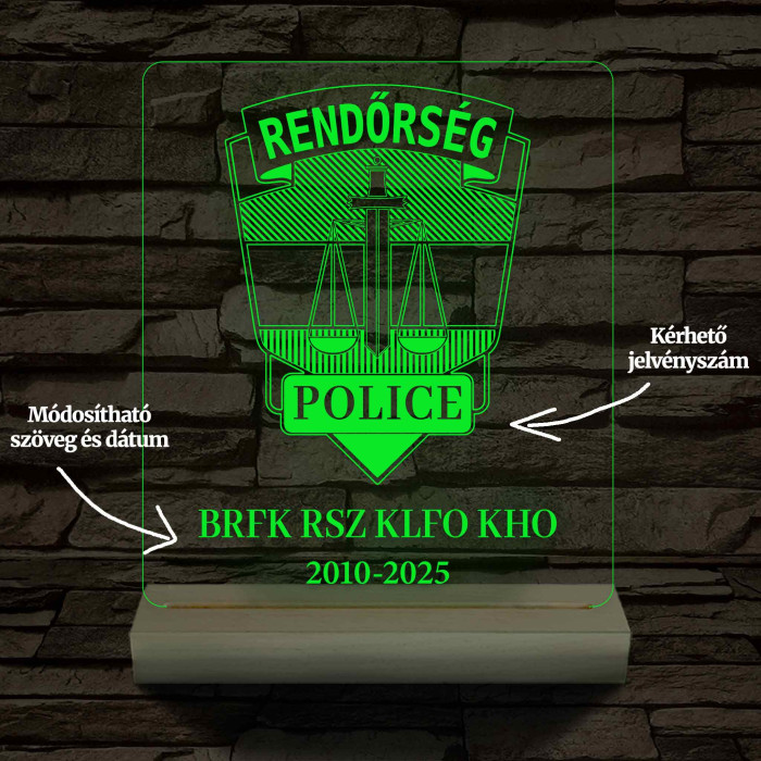 Rendőrségi emléklámpa  3D LED 7 Színűben világító Fatalppal