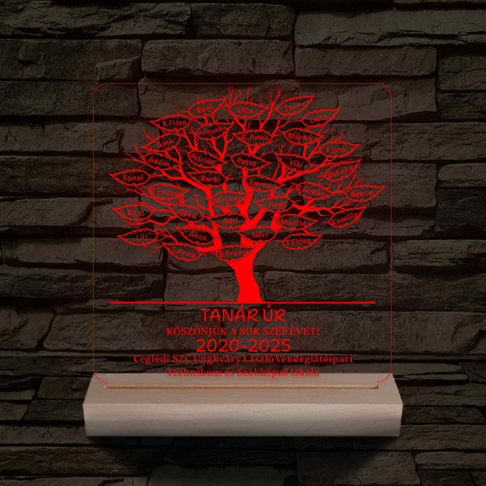 Leveles osztályfa fatalppal 7 színű 3D led lámpa