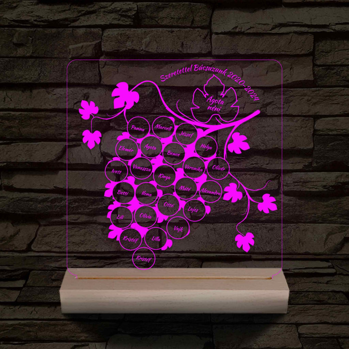 Szőlőfürtös osztálytábla személyre szabott fa talppal 7 színű 3D led lámpa