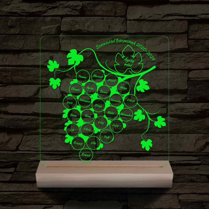 Szőlőfürtös osztálytábla személyre szabott fa talppal 7 színű 3D led lámpa