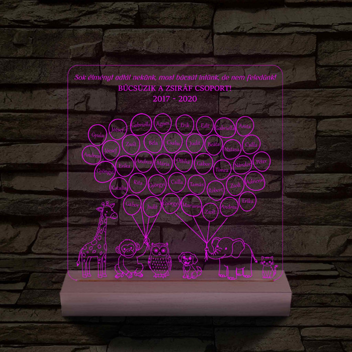 Lufis osztály személyre szabott, színváltós fatalppal 7 színű 3D led lámpa (az állatokon nem módosítunk!!)