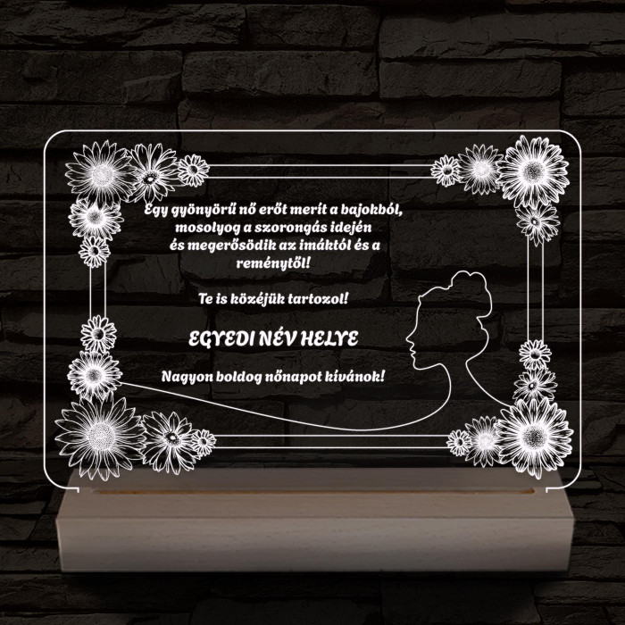 Nőnapi virágos-keretes egyedi személyre szabott 20 cm fa talppal 7 színű 3D led lámpa