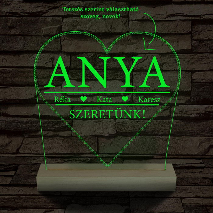 Szeretünk! Egyedi beírós szív-alakú személyre szabott 20 cm fa talppal 7 színű 3D led lámpa