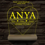 Szeretünk! Egyedi beírós szív-alakú személyre szabott 20 cm fa talppal 7 színű 3D led lámpa