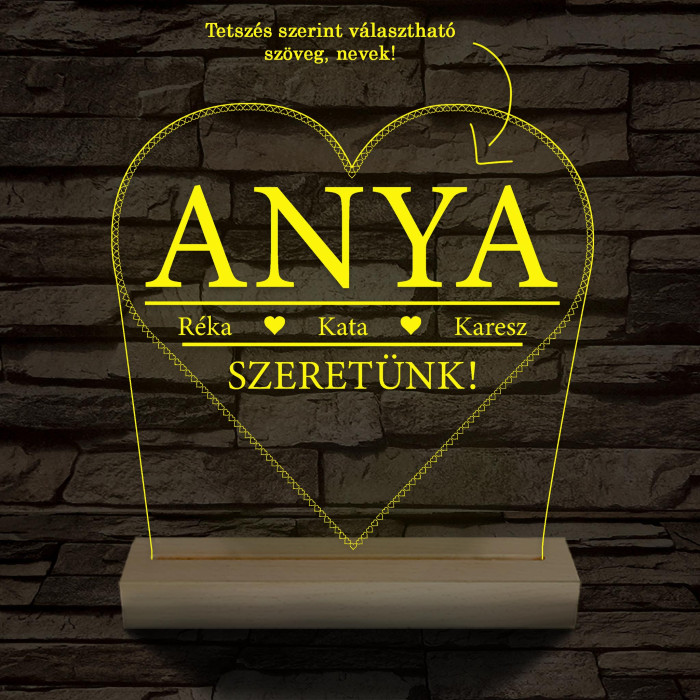 Szeretünk! Egyedi beírós szív-alakú személyre szabott 20 cm fa talppal 7 színű 3D led lámpa