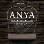 Szeretünk! Egyedi beírós szív-alakú személyre szabott 20 cm fa talppal 7 színű 3D led lámpa