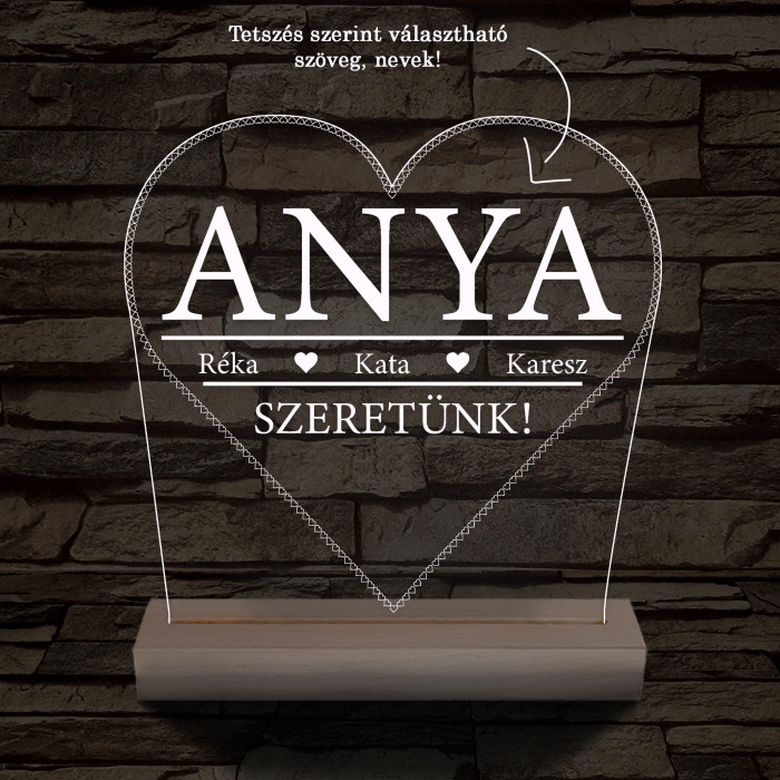 Szeretünk! Egyedi beírós szív-alakú személyre szabott 20 cm fa talppal 7 színű 3D led lámpa