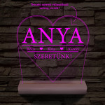 Szeretünk! Egyedi beírós szív-alakú személyre szabott 20 cm fa talppal 7 színű 3D led lámpa