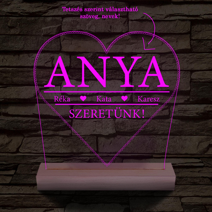 Szeretünk! Egyedi beírós szív-alakú személyre szabott 20 cm fa talppal 7 színű 3D led lámpa