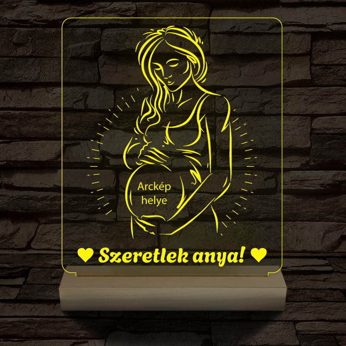 Szeretlek anya, egyedi fotógravírozás fatalppal 7 színű 3D led lámpa