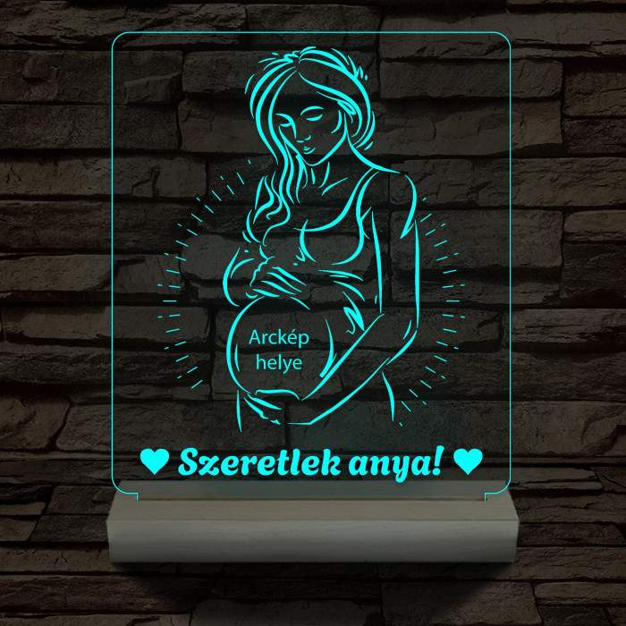 Szeretlek anya, egyedi fotógravírozás fatalppal 7 színű 3D led lámpa