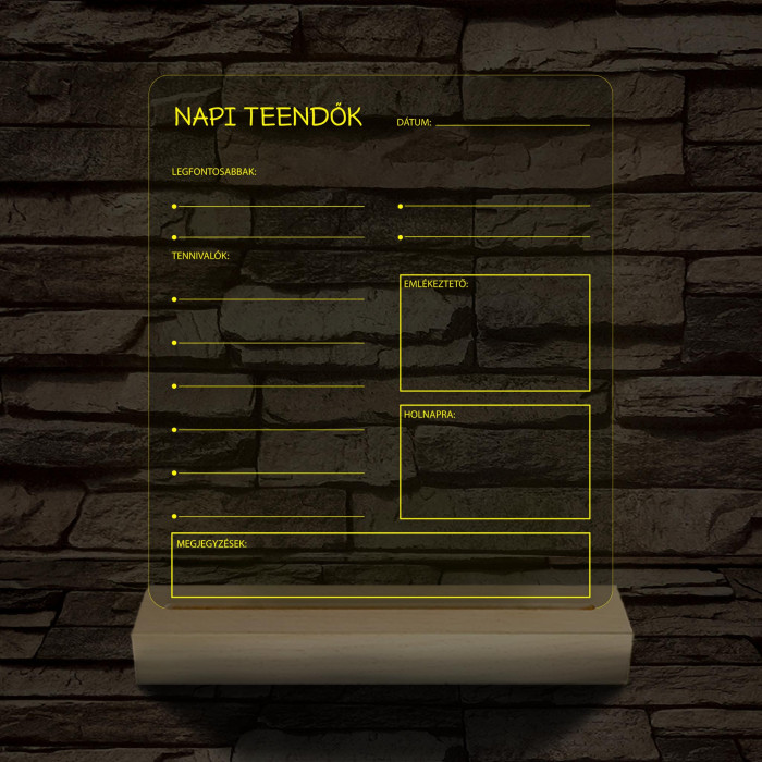 Napi teendők írható 3D led lámpa fatalppal 7 színű 