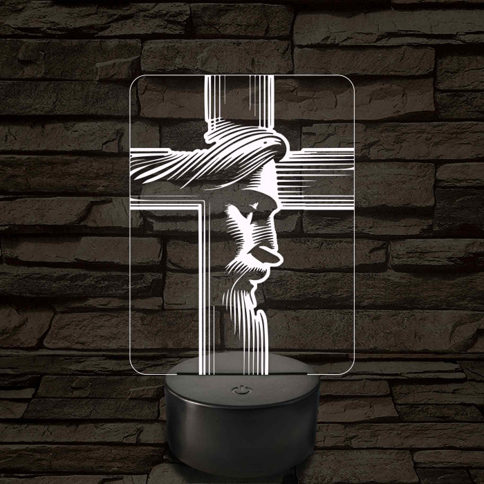 Jézus arcképe kereszttel - 7 színű, színváltós 3D led lámpa