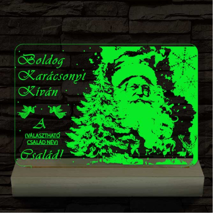 Karácsonyi képeslap egyedi családi névvel személyre szabott 20 cm fa talppal 7 színű 3D led lámpa