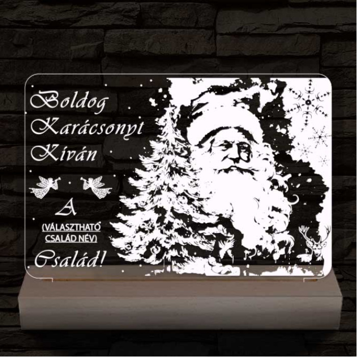 Karácsonyi képeslap egyedi családi névvel személyre szabott 20 cm fa talppal 7 színű 3D led lámpa
