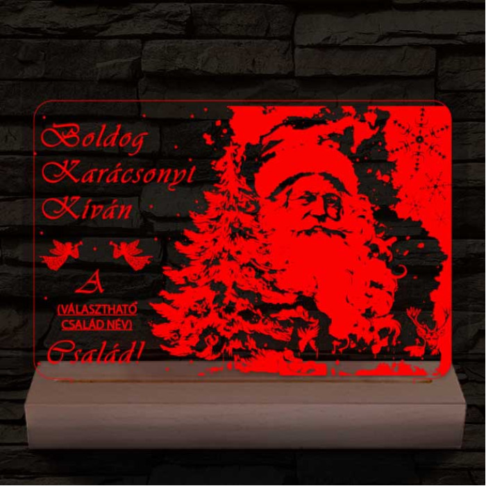 Karácsonyi képeslap egyedi családi névvel személyre szabott 20 cm fa talppal 7 színű 3D led lámpa