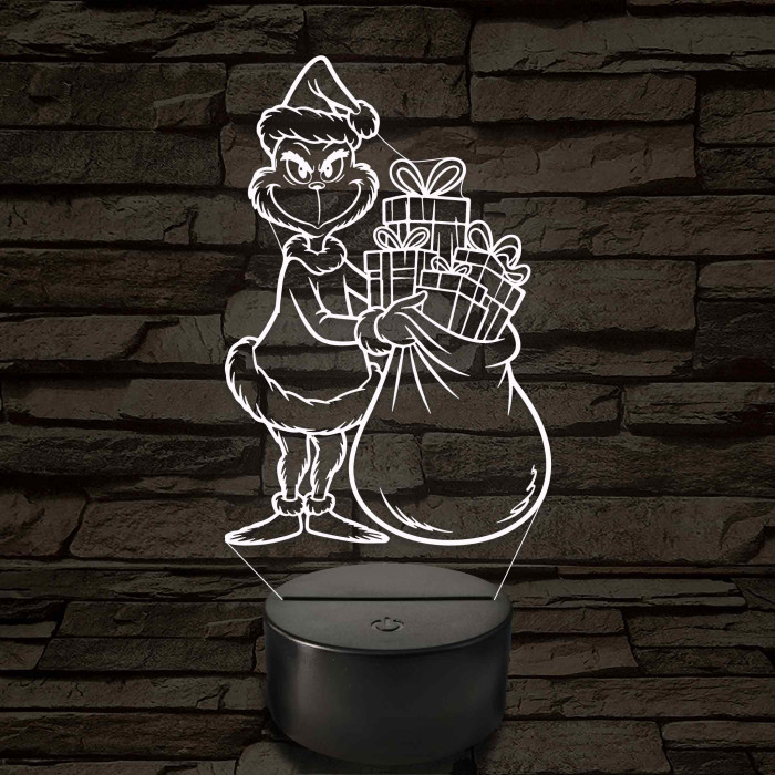 Grincs ajándékos zsákkal – 7 színű, színváltós 3D LED lámpa