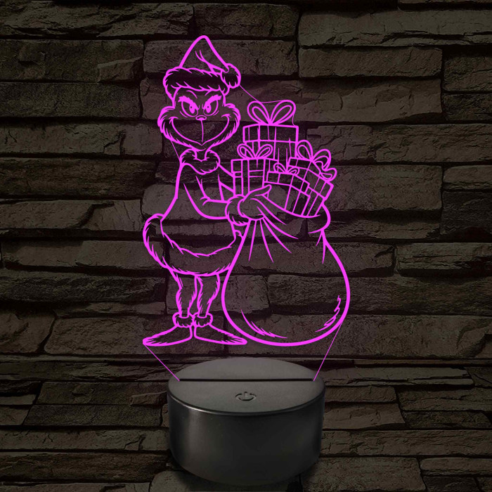 Grincs ajándékos zsákkal – 7 színű, színváltós 3D LED lámpa
