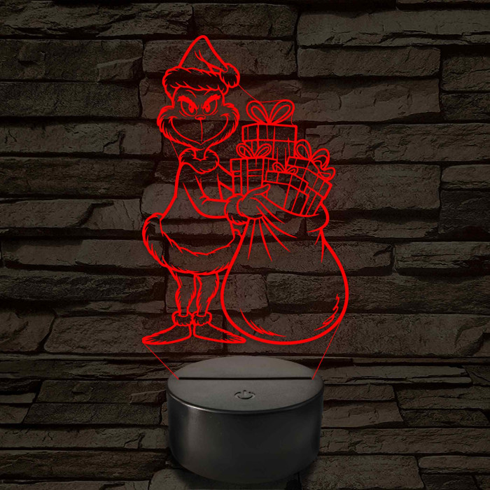 Grincs ajándékos zsákkal – 7 színű, színváltós 3D LED lámpa
