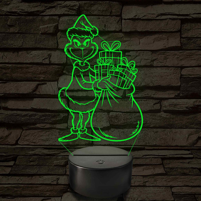 Grincs ajándékos zsákkal – 7 színű, színváltós 3D LED lámpa