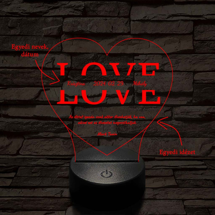 Egyedi esküvős, Valentinos szív-alakú beírós LOVE szív-forma 7 színű 3D led lámpa