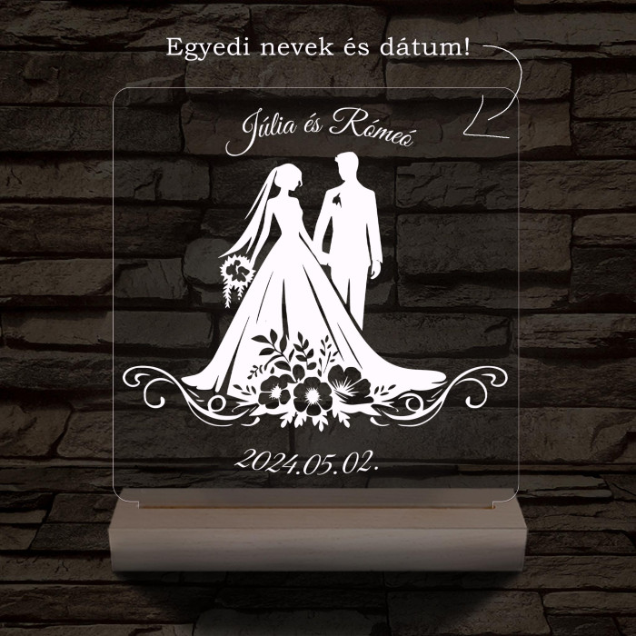 Esküvő Rómeó és Júlia egy pár személyre szabott 20 cm fa talppal 7 színű 3D led lámpa