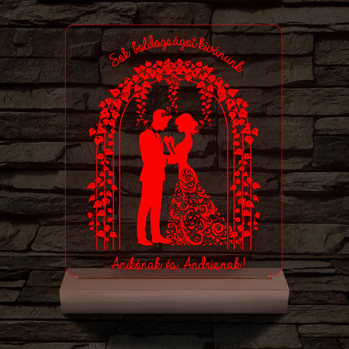 Borostyános kapu  eljegyzés, esküvő személyre szabott 20 cm fa talppal 7 színű 3D led lámpa