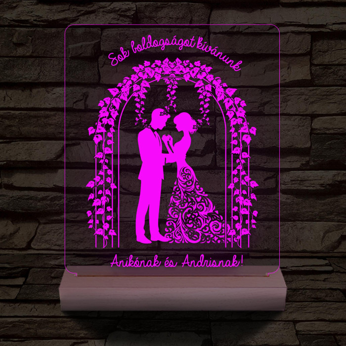 Borostyános kapu  eljegyzés, esküvő személyre szabott 20 cm fa talppal 7 színű 3D led lámpa