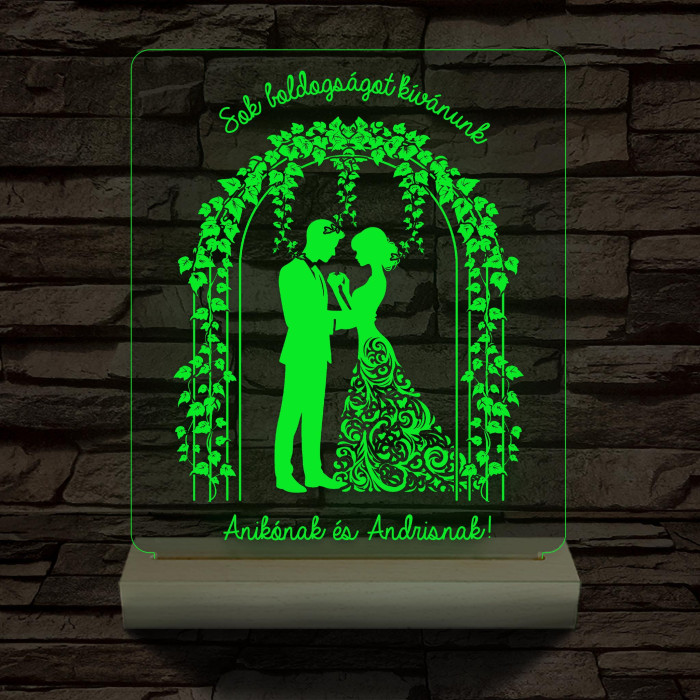 Borostyános kapu  eljegyzés, esküvő személyre szabott 20 cm fa talppal 7 színű 3D led lámpa