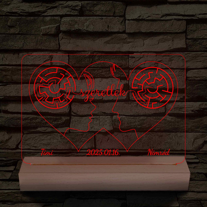 Két szív, két arc, két név személyre szabott fatalppal 7 színű 3D led lámpa