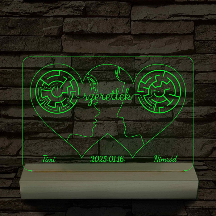 Két szív, két arc, két név személyre szabott fatalppal 7 színű 3D led lámpa