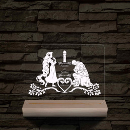 Esküvő, Hercegnő és Lovagja  személyre szabott 20 cm fa talppal 7 színű 3D led lámpa