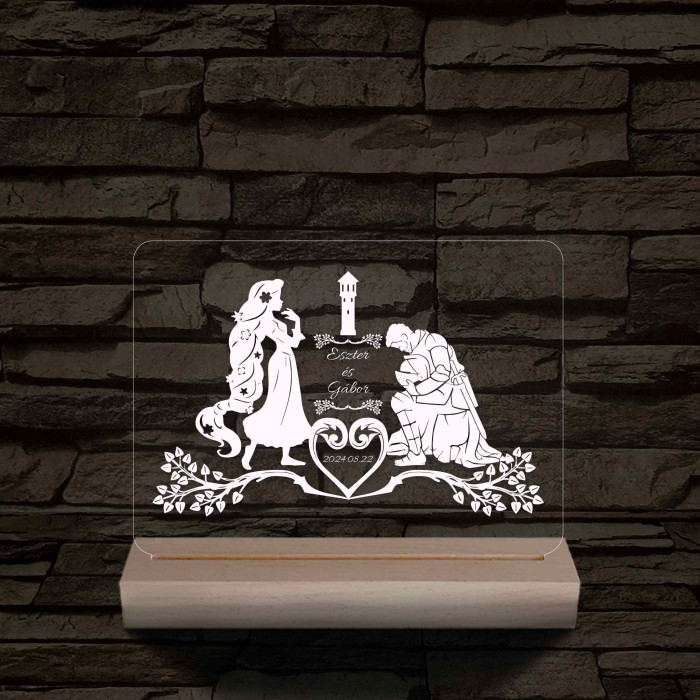 Esküvő, Hercegnő és Lovagja  személyre szabott 20 cm fa talppal 7 színű 3D led lámpa